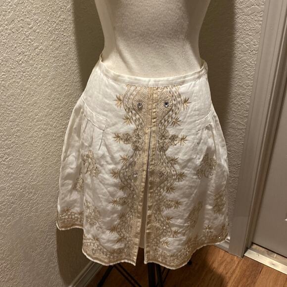 Anne Carson Linen Embroidered Beaded Midi Skirt Sz 6 Midi Slit Front Embellished - Picture 1 of 14